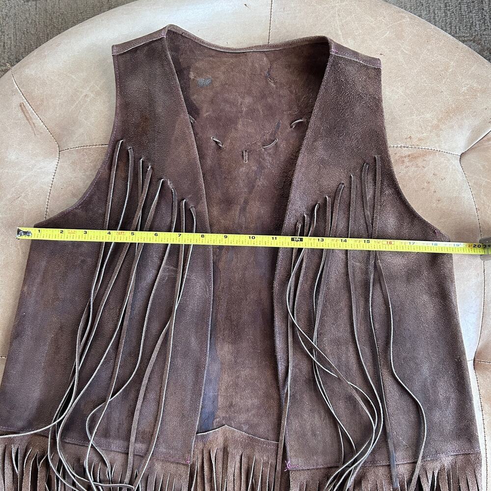 70s genuine suede fringe vest brown western festival boho vintage women M L - Picture 12 of 13